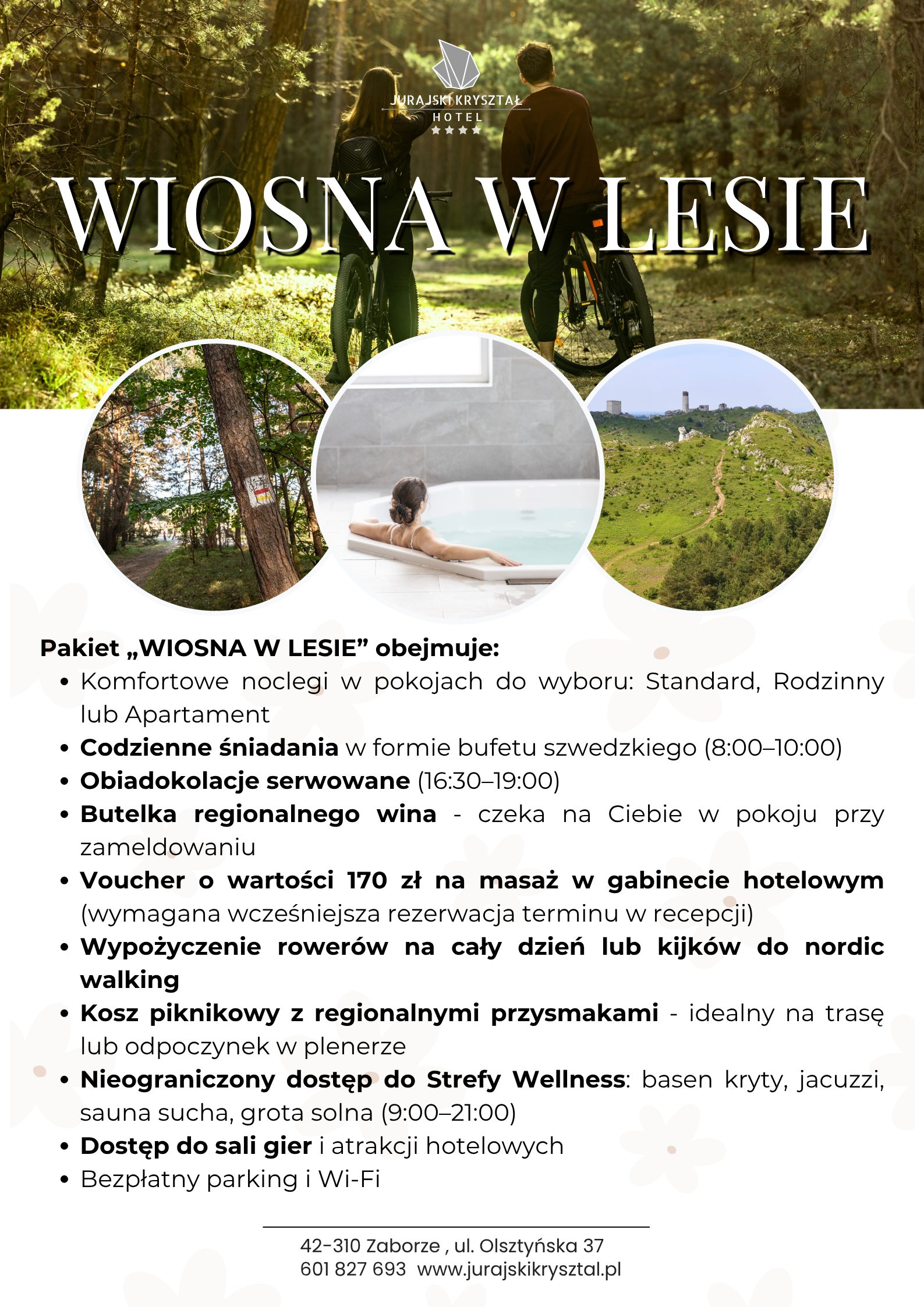 Plakat pakietu Wiosna w lesie Jurajski reset w Hotelu Jurajski Kryształ, wiosenny weekend SPA na Jurze Krakowsko Częstochowskiej