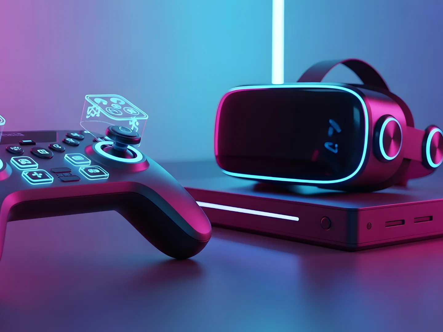 Gogle VR i pad do gier podświetlone neonowym niebiesko-różowym światłem
